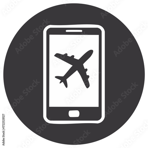 Airplane icon on mobile phone screen, flight app travel concept, vector graphic