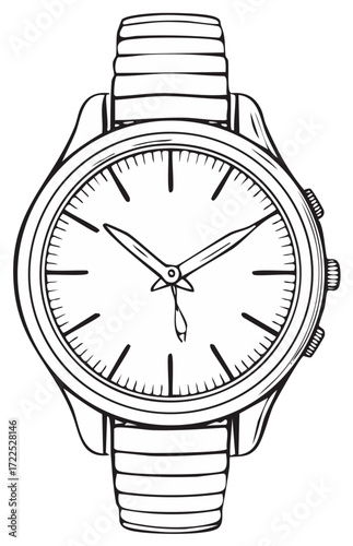 Monochrome illustration of a classic analog wristwatch with a metal bracelet, showcasing timekeeping