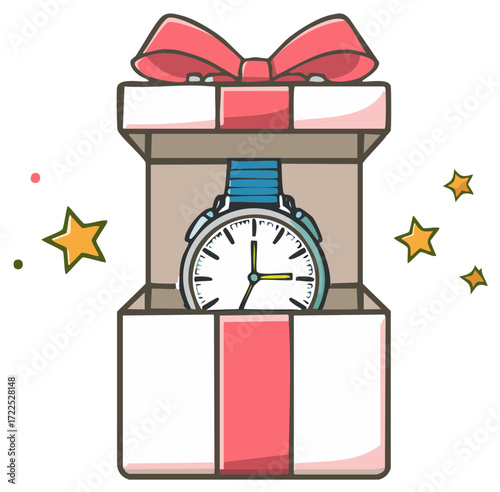 Cartoon illustration of a luxury wristwatch inside an open gift box with a red bow