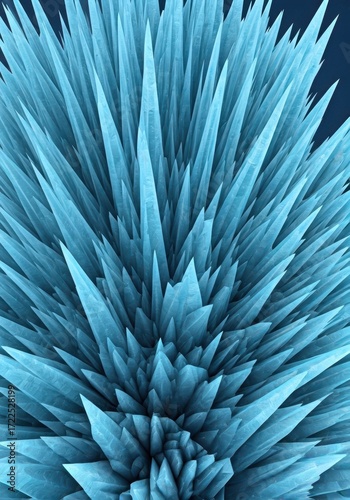 A detailed close-up view of a cluster of vibrant, icy blue crystalline structures, showcasing intricate textures and sharp points.