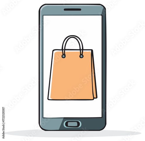 Online shopping concept mobile phone with shopping bag vector illustration.