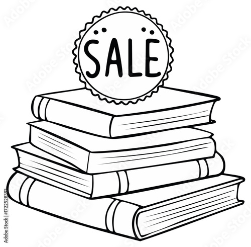 Stack of books with a sale tag on top in simple line art style