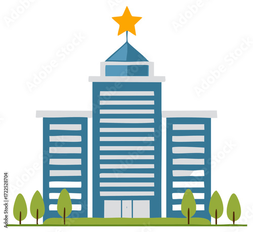 Corporate headquarters building with a gold star on top simple vector illustration
