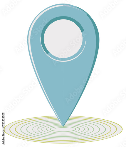 Illustration of a teal location pin above concentric circles indicating signal, GPS, tracking, finding, geolocation icon.