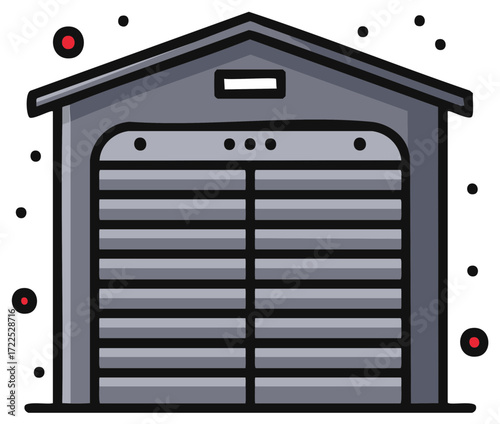 Illustration of a cartoon garage or storage building with overhead door