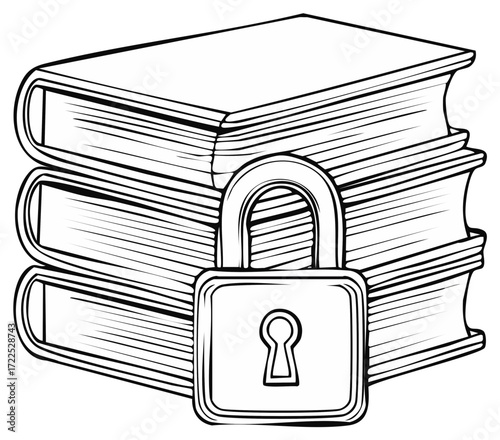 Line Art Stack of Books Protected by Lock, Concept of Information Security, Intellectual Property