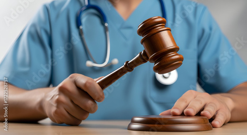 Doctor holding gavel symbolizing medical legal judgment and healthcare justice