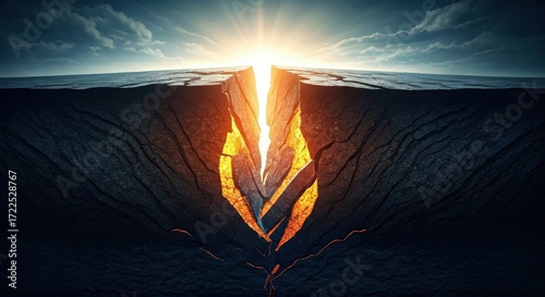 Dramatic fissure in the earth's surface, revealing incandescent lava, against a dramatic twilight sky.