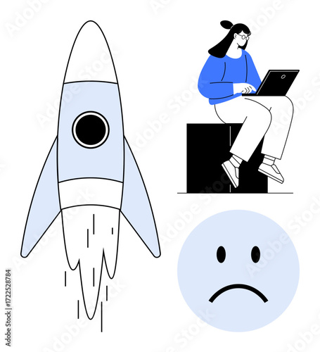 Woman sitting with laptop, rocket launching upward, sad face symbolizing challenges or failure. Ideal for business, productivity, entrepreneurship, technology, innovation, emotions personal growth