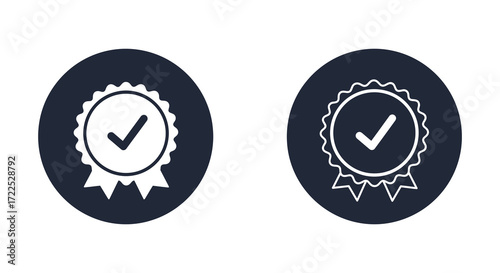 Two circular icons depicting white badges with checkmarks inside