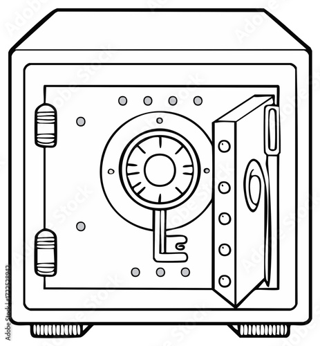 Open Safe Outline with Key and Combination Lock Line Art Drawing Illustration