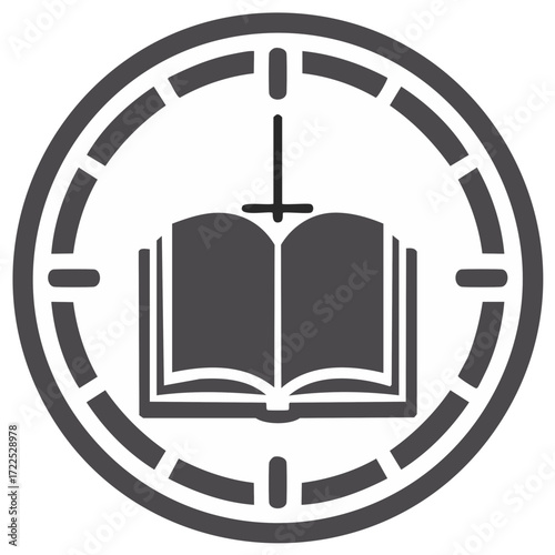Open Book with Cross Silhouette Within a Circular Dashed Frame Religion Symbol