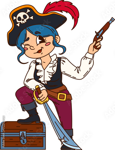Pirate girl or corsair captain cartoon character with treasure chest, vector European or Asian personage. Caribbean pirate woman in captain tricorne hat with treasure chest, musket gun and saber sword