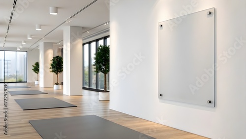 Bright and spacious minimalist yoga studio featuring multiple mats and a blank transparent sign board mockup on the white wall, ideal for modern branding