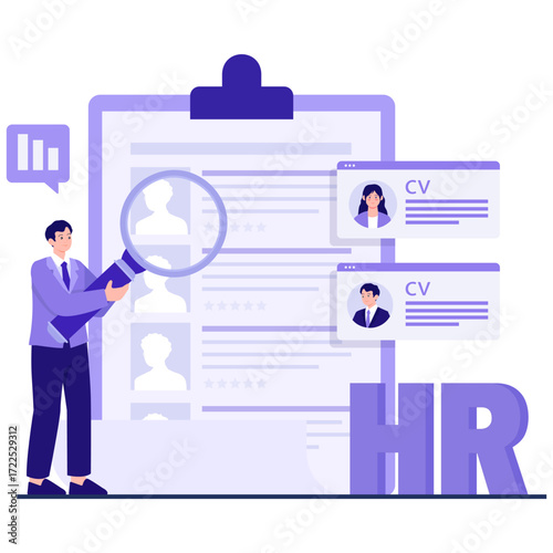 Person reviewing CVs with magnifying glass and HR text