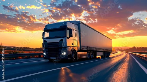 Wallpaper Mural Powerful semi-truck drives on highway at sunset, delivering goods with speed and efficiency. Torontodigital.ca