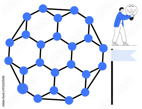 Molecular network diagram with connected dots and lines, person holding glowing light bulb on flagpole base. Ideal for innovation, teamwork, research, technology, connectivity, problem-solving
