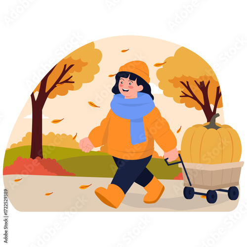 Person pulling wagon with pumpkin in autumn scene