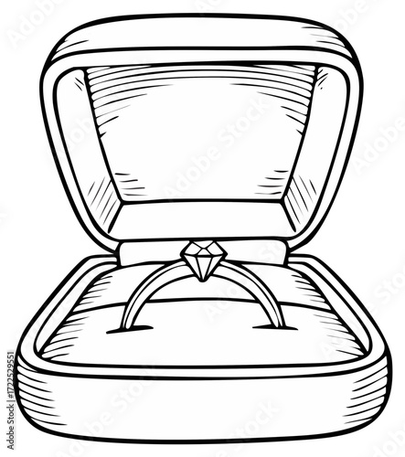 Diamond engagement ring in a velvet box, proposal or wedding concept, sketch drawing