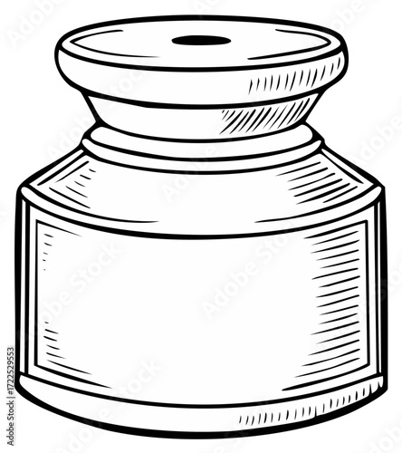 Line art illustration of vintage inkwell with empty label area for text, vector clip art in black and white