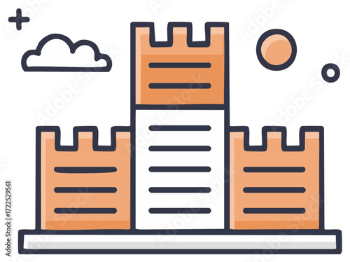 Stylized Medieval Castle Fortress with Crenellations and Celestial Elements