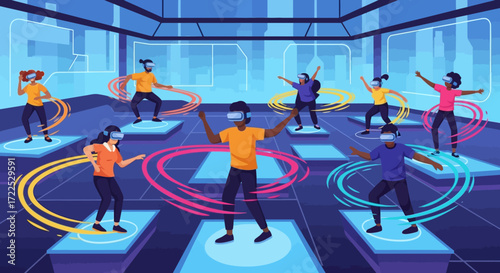 People dancing in virtual reality with VR headsets and glowing rings.