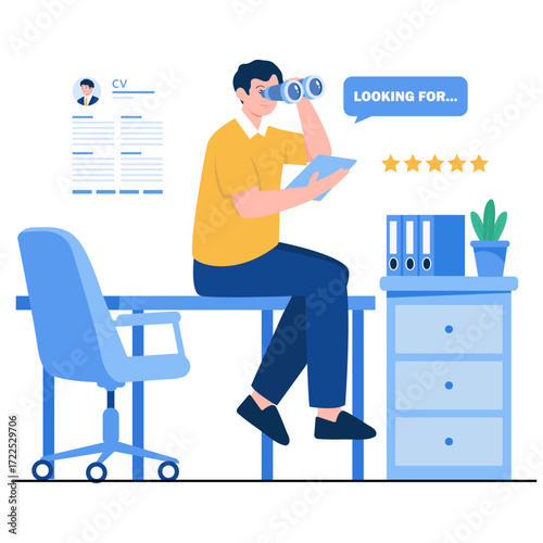 Person with binoculars and CV at desk