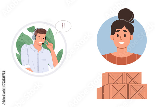 Customer service representative with headset speaking and puzzled expression, female warehouse worker smiling near stacked boxes. Ideal for logistics, supply chain, teamwork, communication
