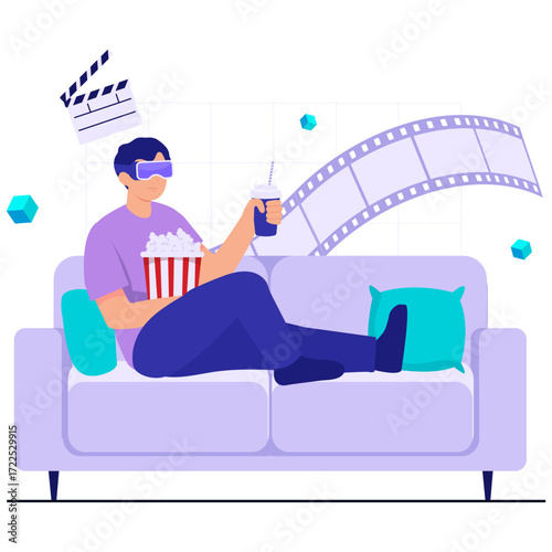 Person in VR headset watching movie on couch with popcorn