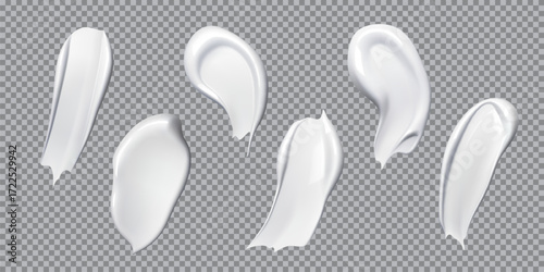 Realistic white cream cosmetic swatches isolated set. 3d vector creamy skin and body care product smears. Cosmetics gel, toothpaste or lotion samples. Liquid beauty and healthcare production strokes