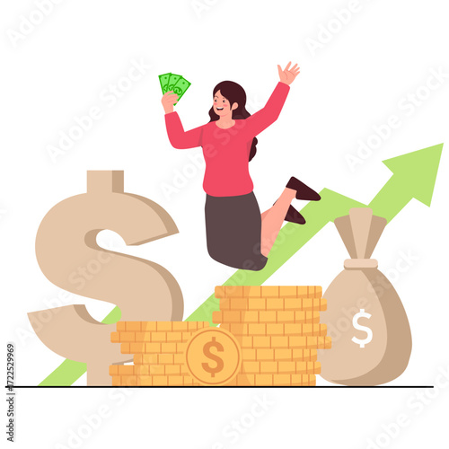 Person jumping holding money coins money bag dollar sign