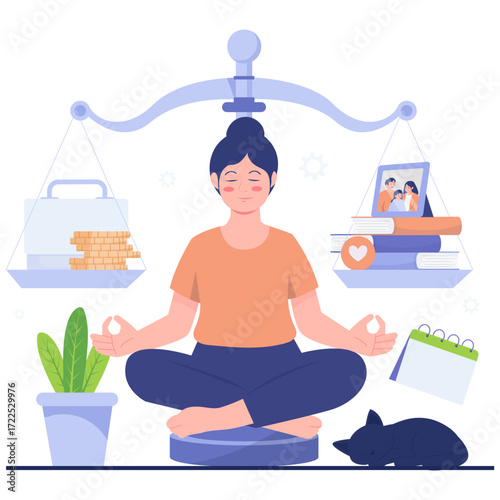 Person meditating with scales of work and life