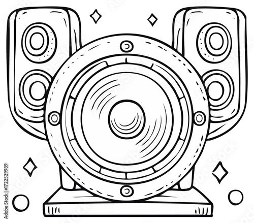 Musical loudspeaker graphic with speakers and sound amplifier vector illustration