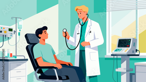 The doctor is treating the patient. Vector hand-drawn illustration