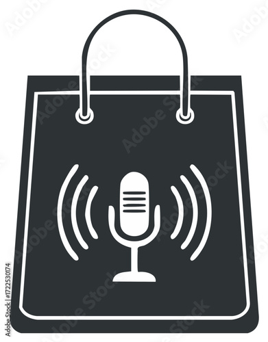 Shopping Bag with Microphone and Sound Waves Icon for Podcast and Audio Commerce