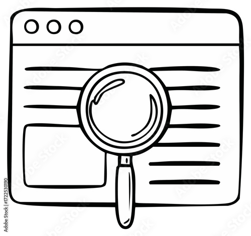 Magnifying glass over computer screen with website content for search analysis