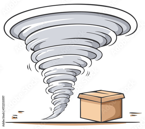 Cartoon Tornado Whirlwind Threatening Cardboard Box on Flat Ground