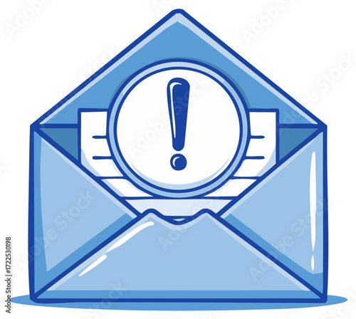 Hand drawn blue envelope delivering an important message with exclamation mark notification