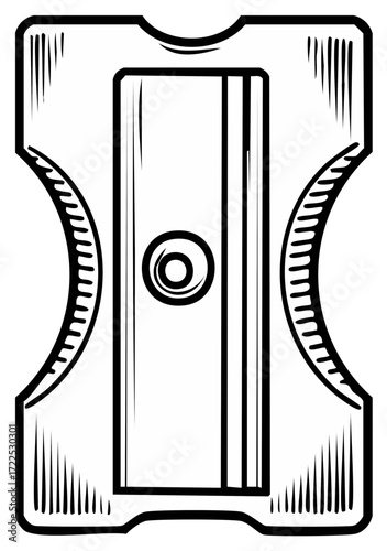 A classic metal pencil sharpener in a hand drawn sketch style Vector line art for school and office supplies