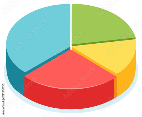 Colorful isometric pie chart graphic representing financial data divisions and statistical information