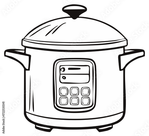 Electric multi cooker illustration with lid and display panel, kitchen appliance, drawing, vector illustration, cooking equipment, slow cooker
