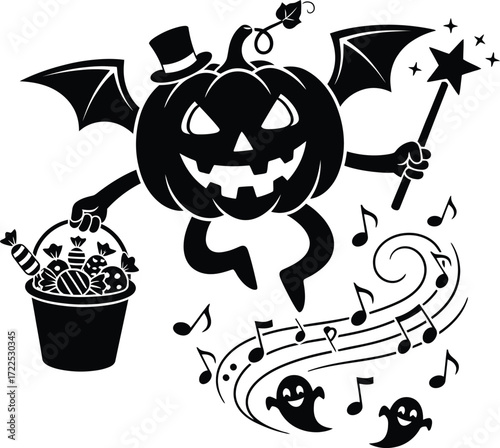 Jack-o'-lantern with bats and candy swirl silhouette, festive spooky Halloween vector illustration