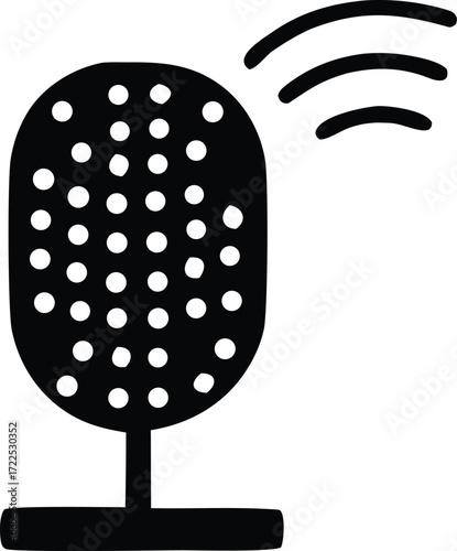 Retro dynamic microphone icon with sound waves for audio recording broadcasting podcasting and music production concepts