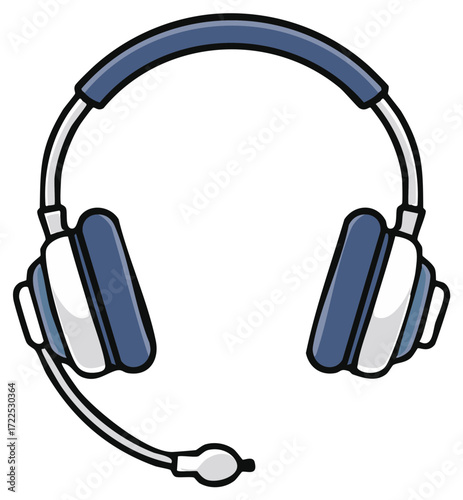 Illustration of blue and white headphones with a microphone for communication and entertainment