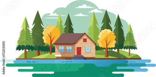 A tranquil island scene featuring a house nestled among trees beside a peaceful body of water.
