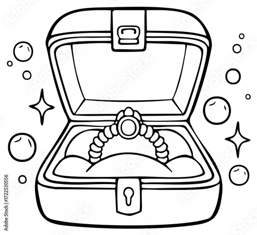 Open treasure chest filled with sparkling necklace surrounded by bubbles and stars