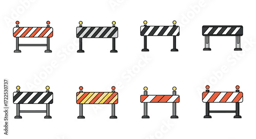 Colorful collection of construction barriers and road safety blockades displayed