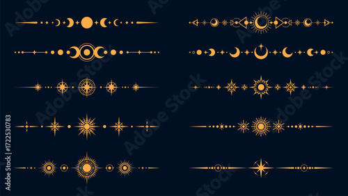 Mystic celestial divider borders with esoteric magic symbols, vector set. Golden border dividers with sun, moon and stars, mystic celestial decorations for esoteric Tarot frames or sacred geometry