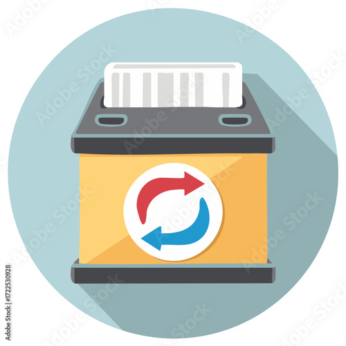 Flat vector illustration of a waste paper shredder with recycle symbol for sustainability