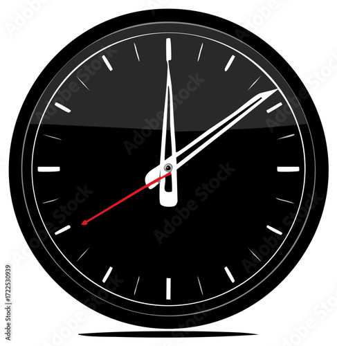 Black round clock face with white hands and a red second hand illustrating time measurement or countdown.